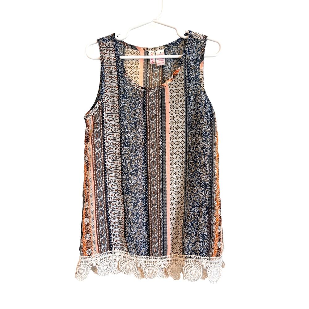 Japna Kids Girls Sheer Paisley Tank Top Crochet Hem Blue Orange Size 8 Boho